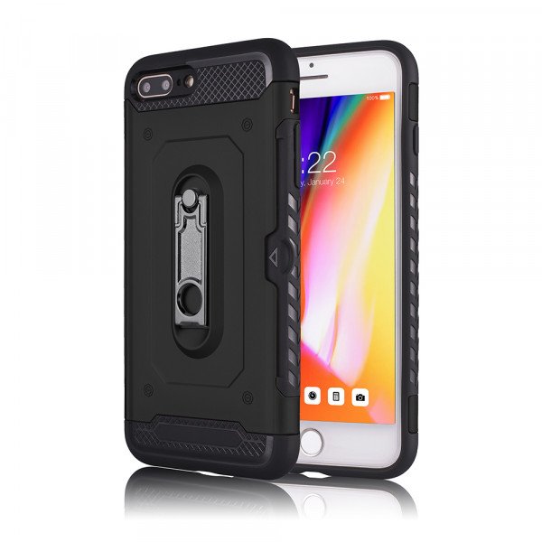 Wholesale iPhone 8 Plus / 7 Plus Rugged Kickstand Armor Case with Card Slot (Black)